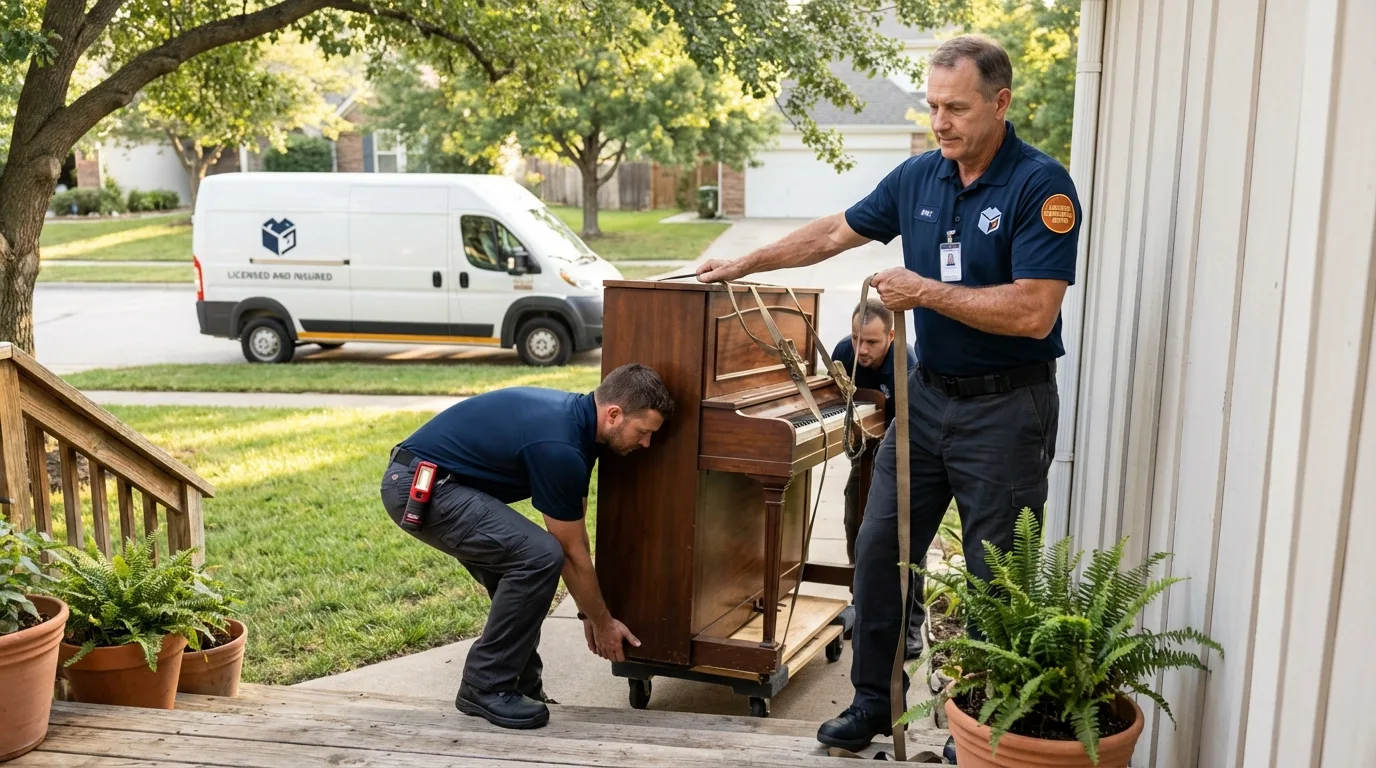 Licensed piano movers securing grand piano in Sidney, IA